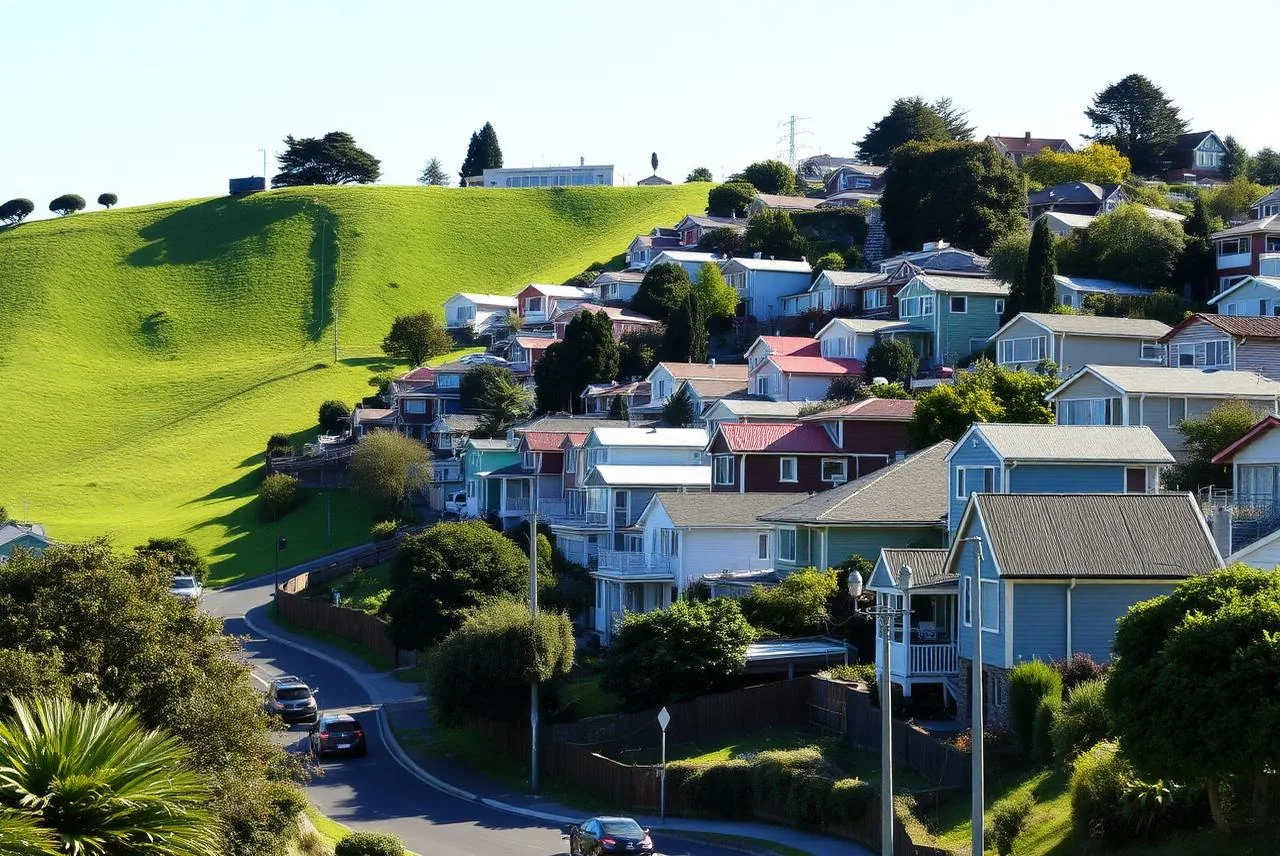 Hillside streetscape and buildings in suburban Wellington