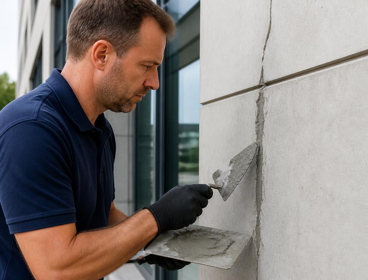 Tradesperson carrying out concrete repair work on a commercial building